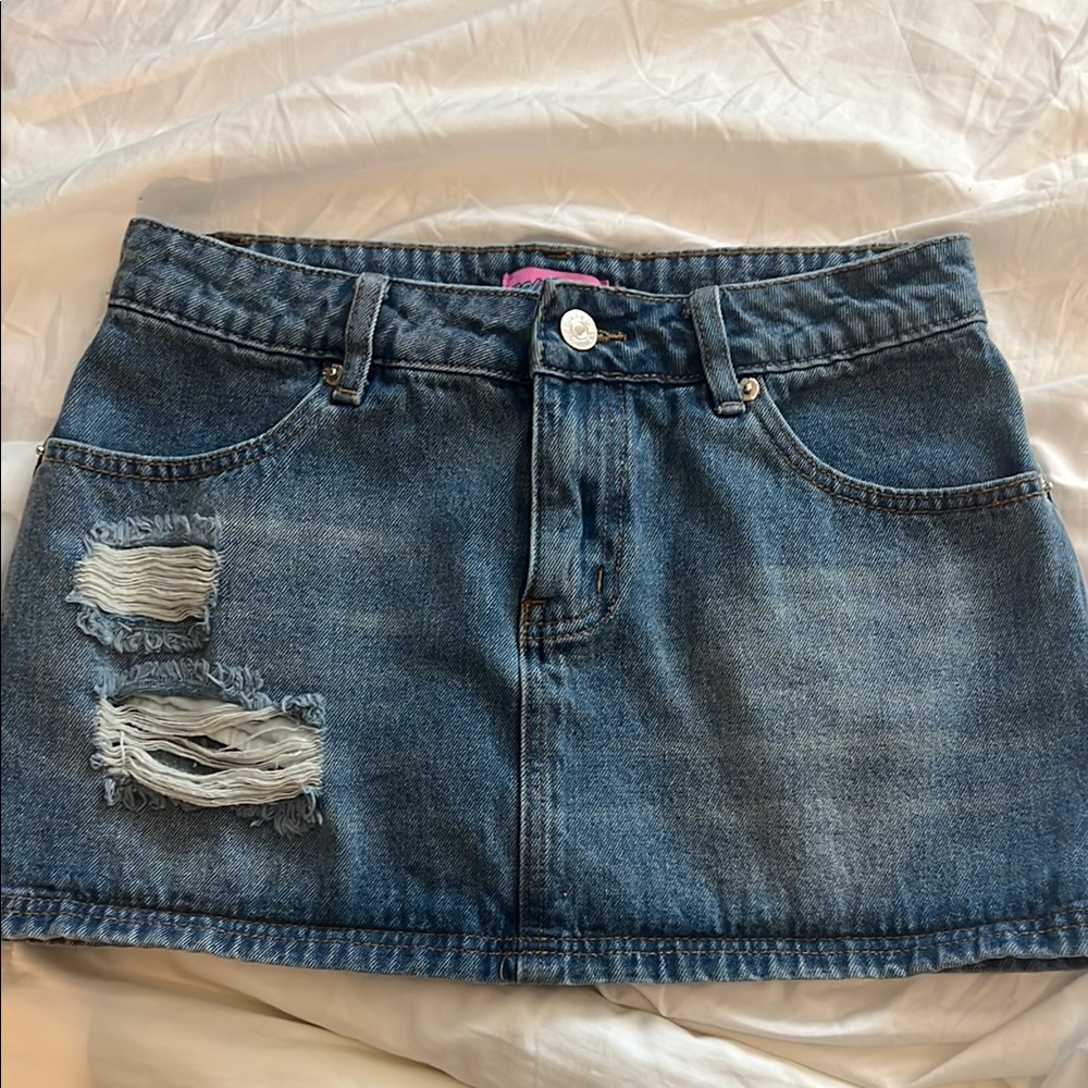 Edikted Blue Denim Mini Skirt with Ripped Accents